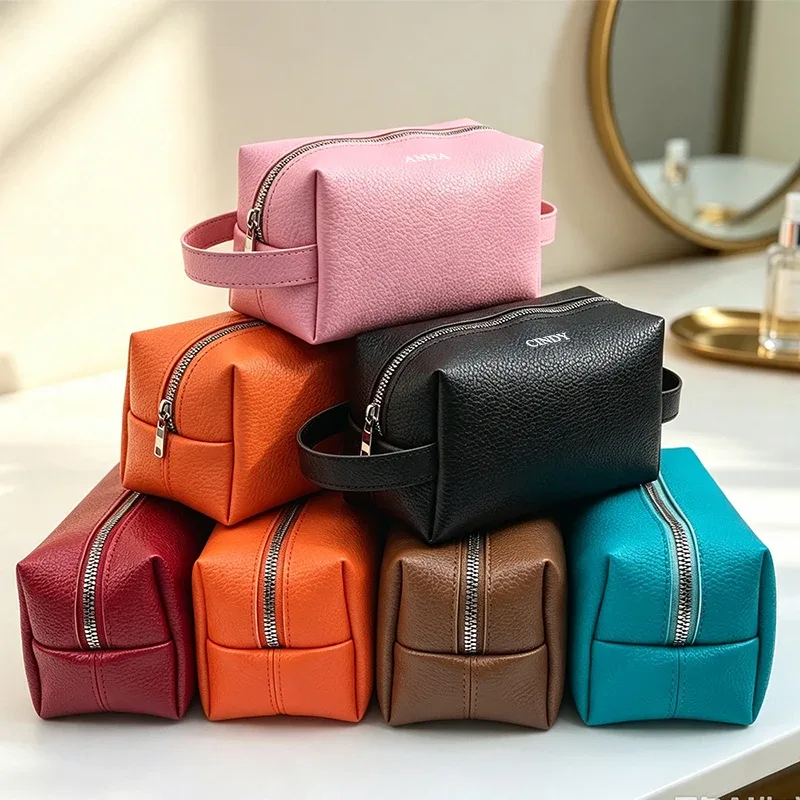 trousse de toilette de voyage portable en cuir pu, grande capacité, avec fermeture éclair, logo personnalisé, gravure de nom, vente en gros, luxe