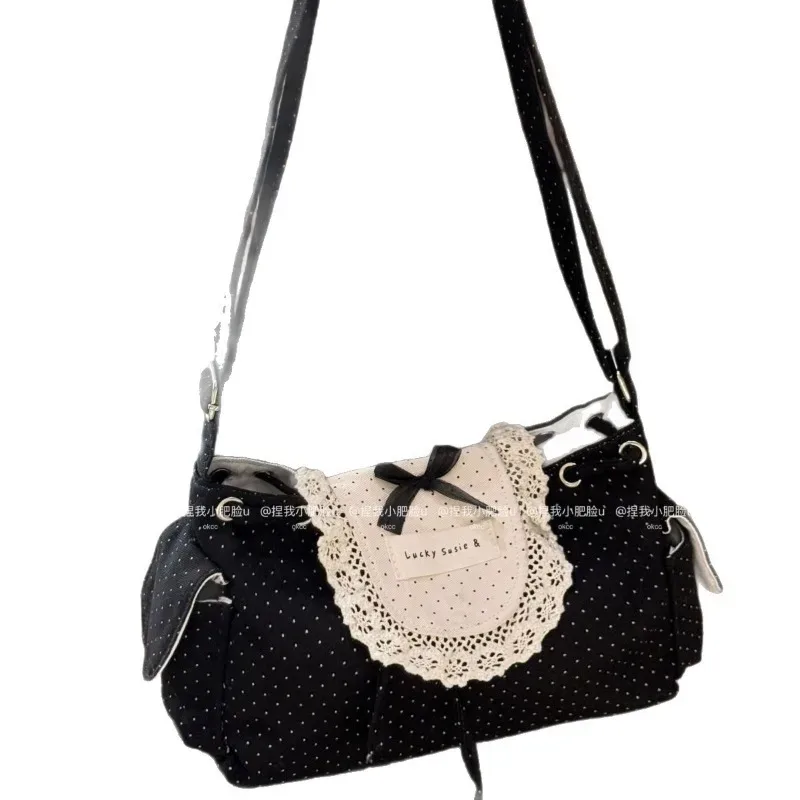 sac à bandoulière coréen noir et blanc à pois avec dentelle, simple et mignon, avec nœud et cordon de serrage, pour étudiante