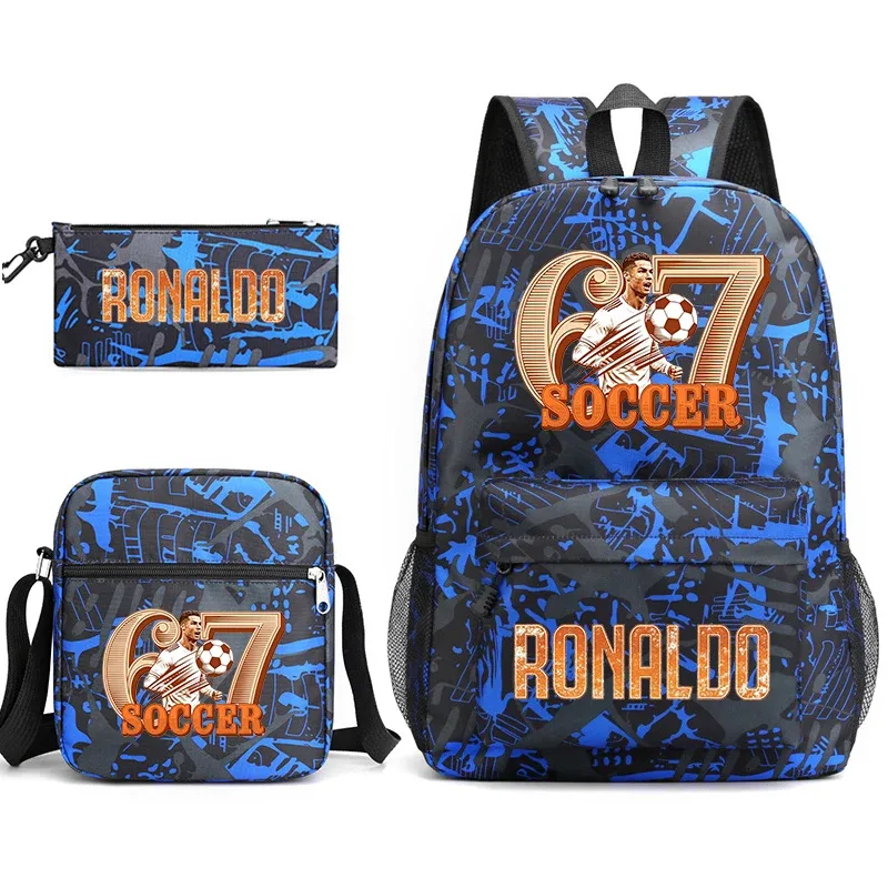 ensemble de sac à dos d'école imprimé cr7 ronaldo 67 avec sac à bandoulière et trousse à crayons pour adolescents et enfants, sac à dos léger