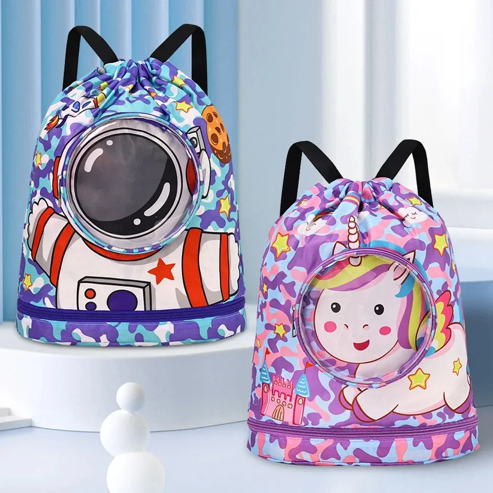 Sac de natation de dessin animé étanche pour enfants, support pour vêtements secs pour femmes avec chaussures, stockage de lunettes, poudres, sac à dos de sport de piscine