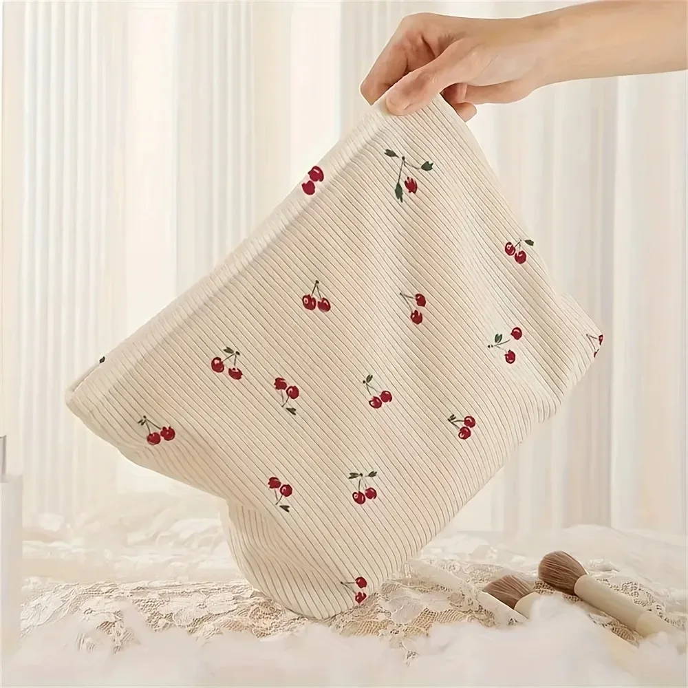 pochette décontractée en velours côtelé imprimé cerise, sac de maquillage, sac à main multifonctionnel, organisateur de toilette, boîte de rangement de cosmétiques avec doublure