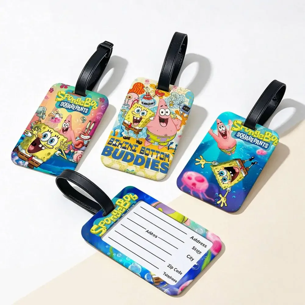 étiquette d'identification de bagage anti-perte en pvc, motif classique de dessin animé s-spongebob, avec porte-carte d'informations amovible, étiquette de bagage de voyage.