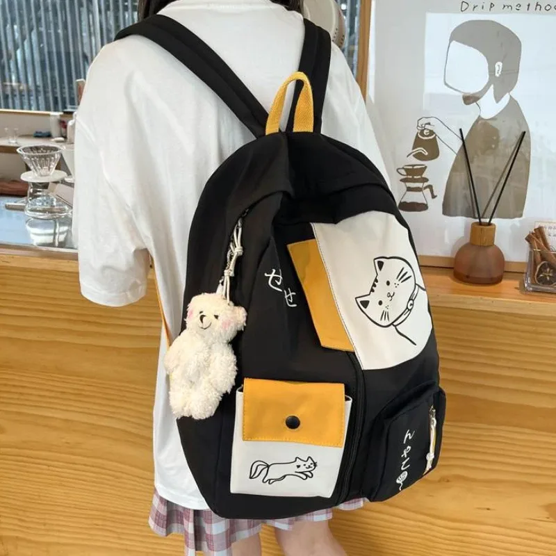 sac à dos de voyage en nylon imperméable de grande capacité, cartable de style coréen avec chat de dessin animé mignon pour femme