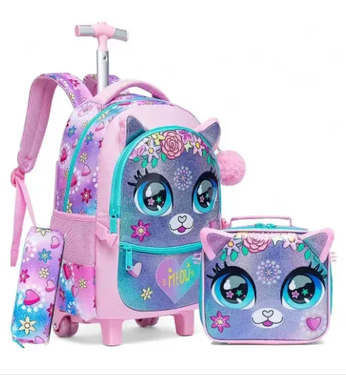 sac à dos scolaire à roulettes, ensemble de 3 pièces, sac à déjeuner, sac à stylos, sac à dos d'école à roulettes pour filles, ensemble de sacs à roulettes avec sac à déjeuner