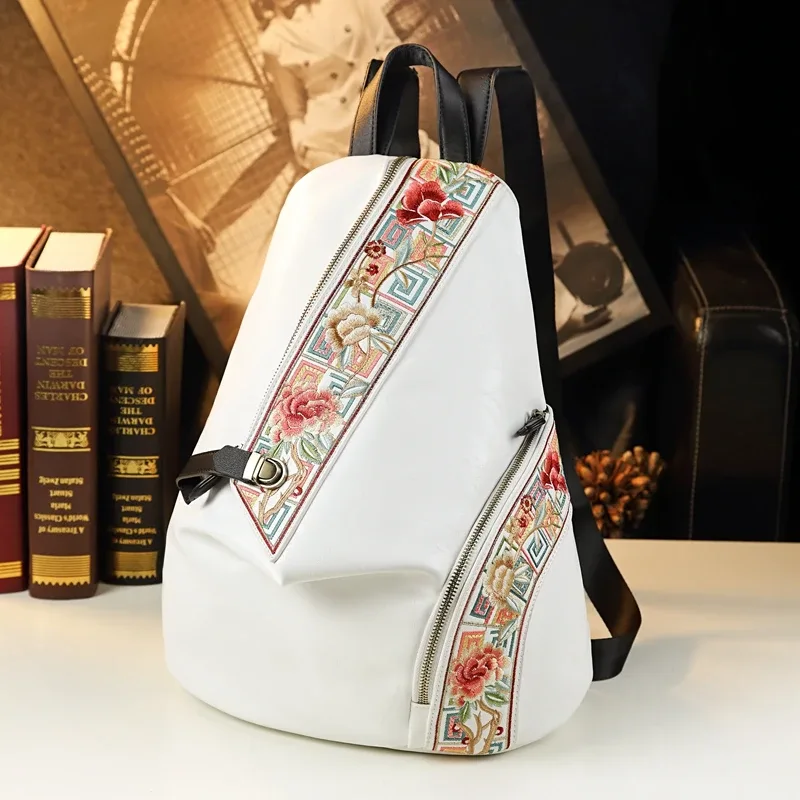sac à dos rétro en cuir véritable pour femmes, design brodé, pour voyage, anti-vol, tendance
