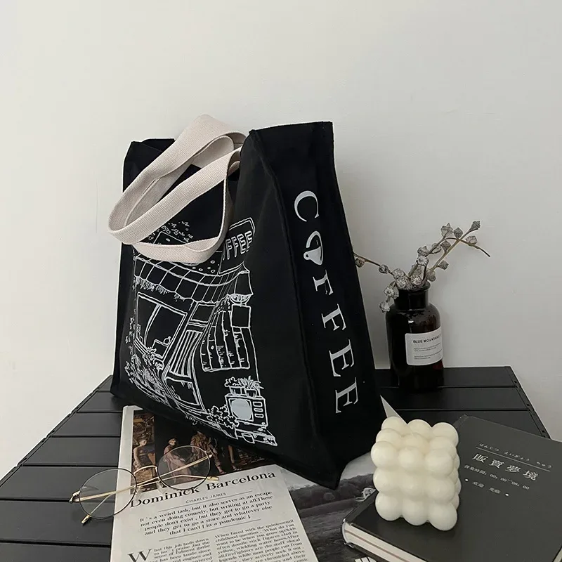 femmes toile sac à bandoulière café maison sacs à provisions noir épais coton sac à main étudiant livres fourre-tout femme shopper tissu sac à main