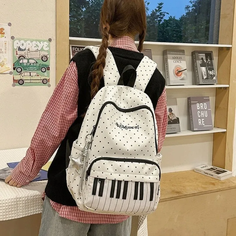sac à dos pour filles à motif lettres brodées et pois, grande capacité, en nylon, pour étudiantes, sac d'école, sac de voyage portable, sac à bandoulière pour femmes