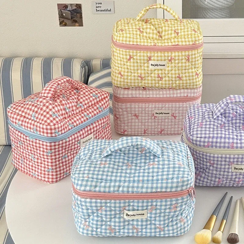 Trousse de Maquillage Matelassée à Carreaux avec Nœud, Grande Capacité, pour Pinceaux et Soins de la Peau, Sac de Voyage Cosmétique