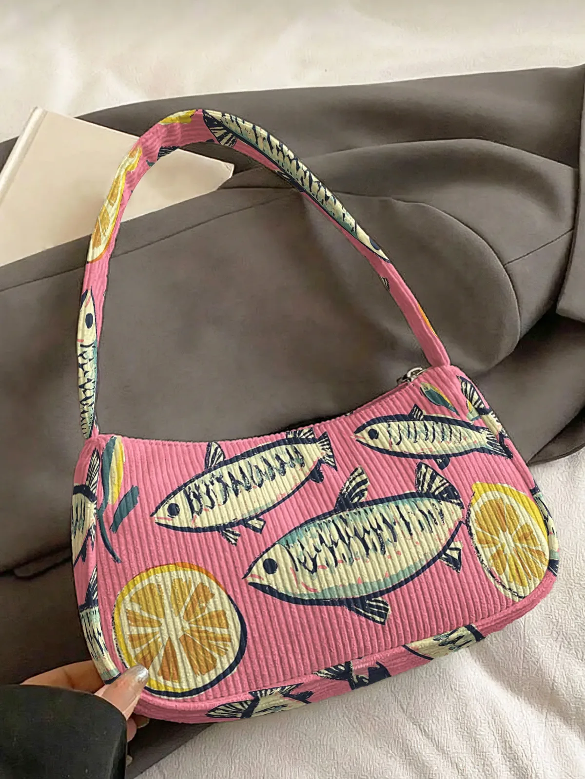 sac à bandoulière tendance imprimé poissons et citrons, sac sous le bras en velours côtelé rose pour un usage quotidien décontracté