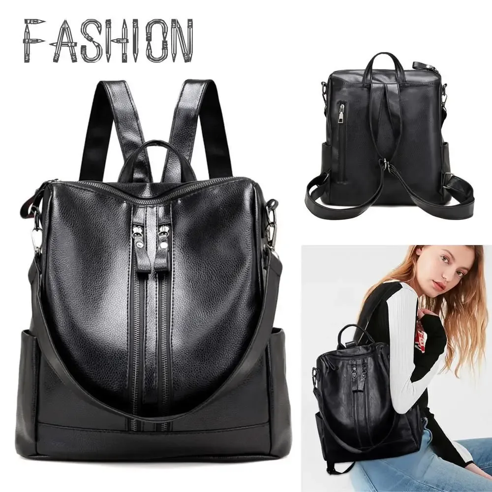 sac à dos d'école en cuir souple pour femme, sac d'université multifonctionnel décontracté, sacs initiés de grande capacité, fourre-tout de voyage, noir