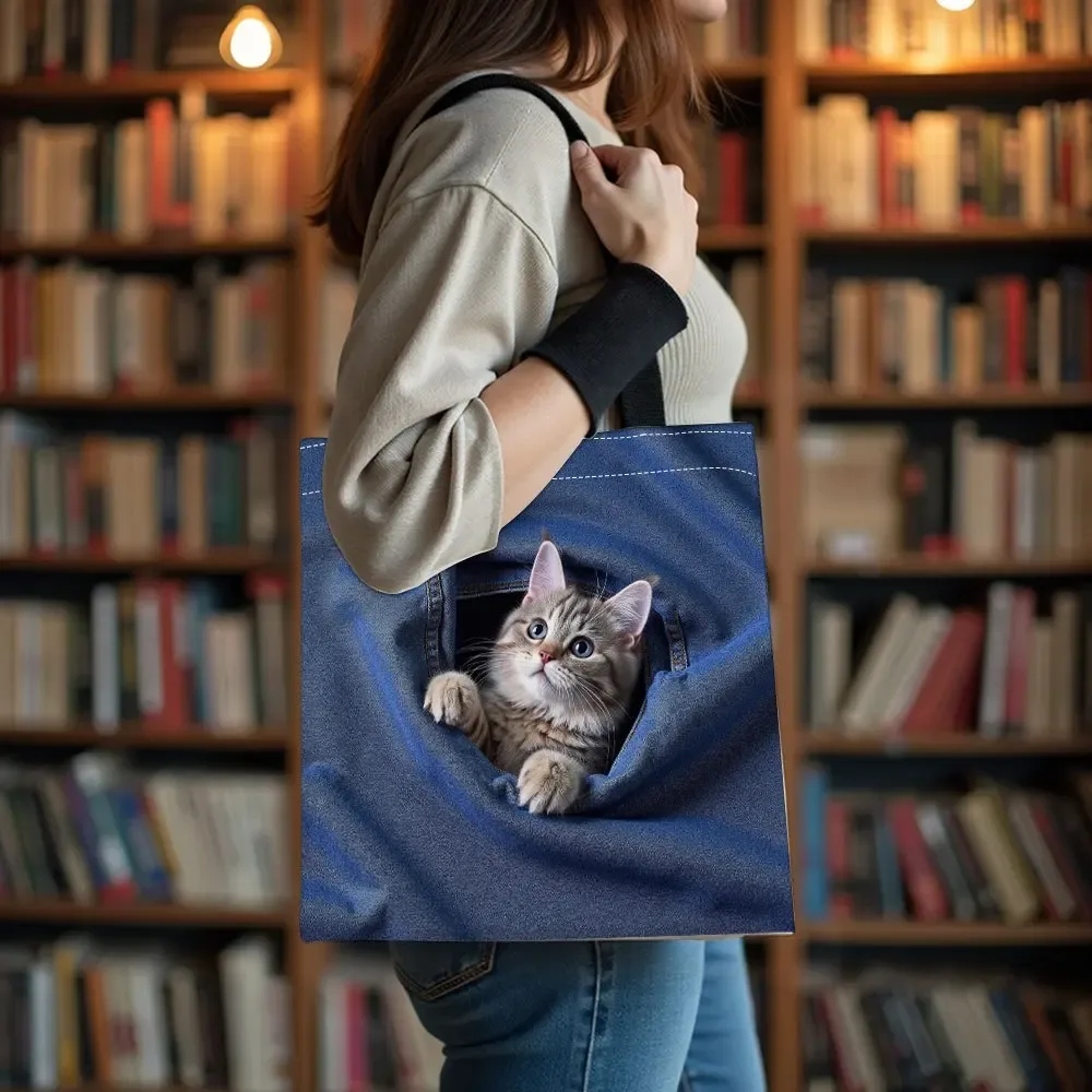 sac de rangement avec motif de chat qui fait la curieuse dans une poche de jean, sac à main mignon avec motif d'animal, sacs fourre-tout adaptés pour le shopping et les voyages, sac à bandoulière