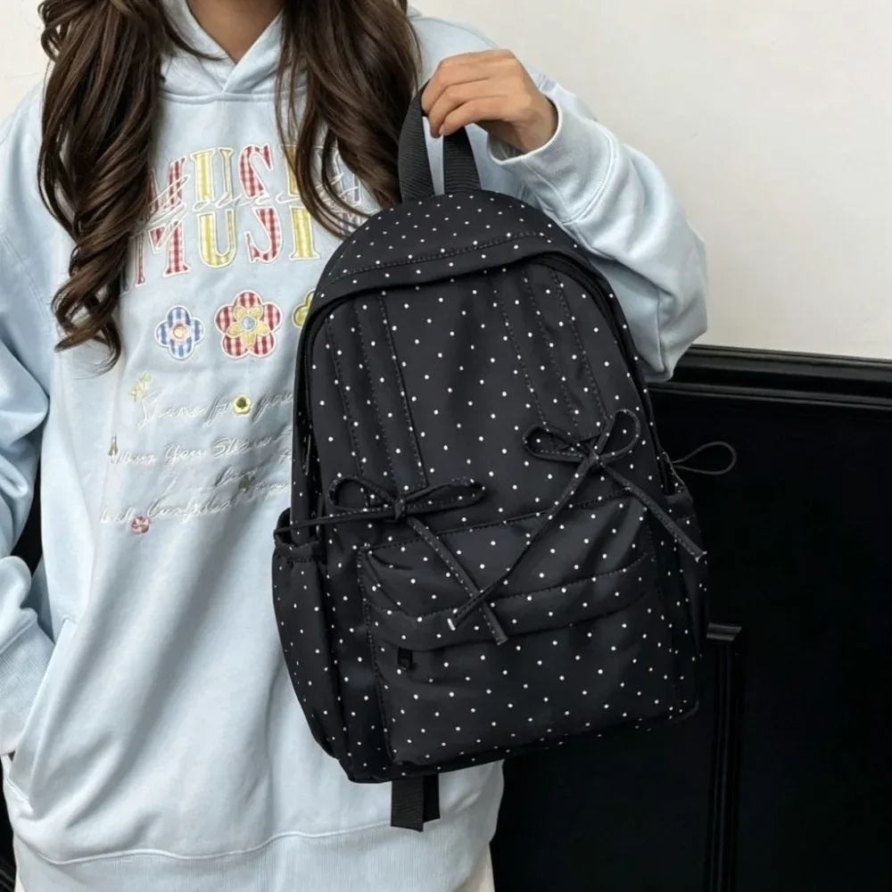 sac à dos y2k à pois grande capacité avec nœud, design minimaliste, léger et durable, idéal pour l'école et le quotidien