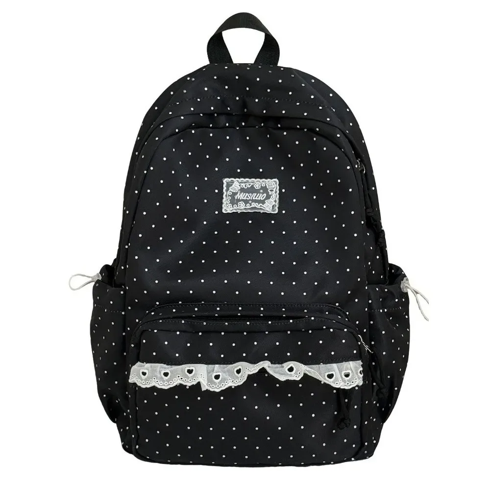 sac à dos de voyage à pois mignon, grande capacité, avec dentelle, cartable d'école pour étudiants, sac à dos en nylon multi-poches pour ordinateur portable