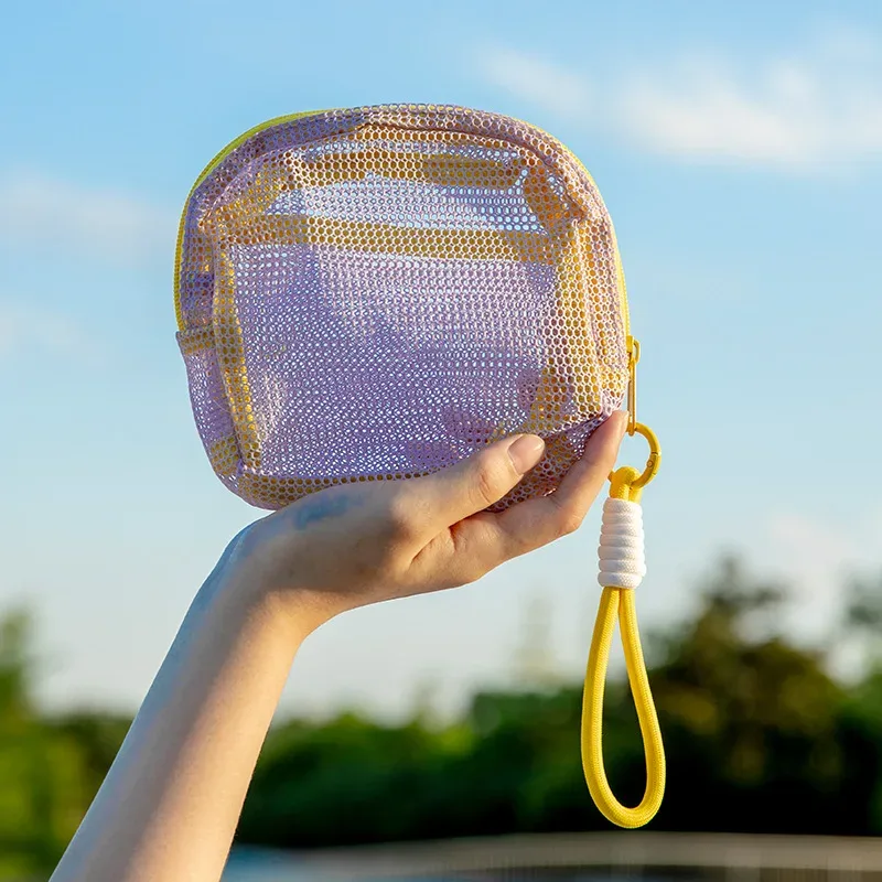 sac de rangement carré en maille avec fermeture éclair, trousse de maquillage tendance pour voyage, grande capacité, pour rouge à lèvres, écouteurs et monnaie