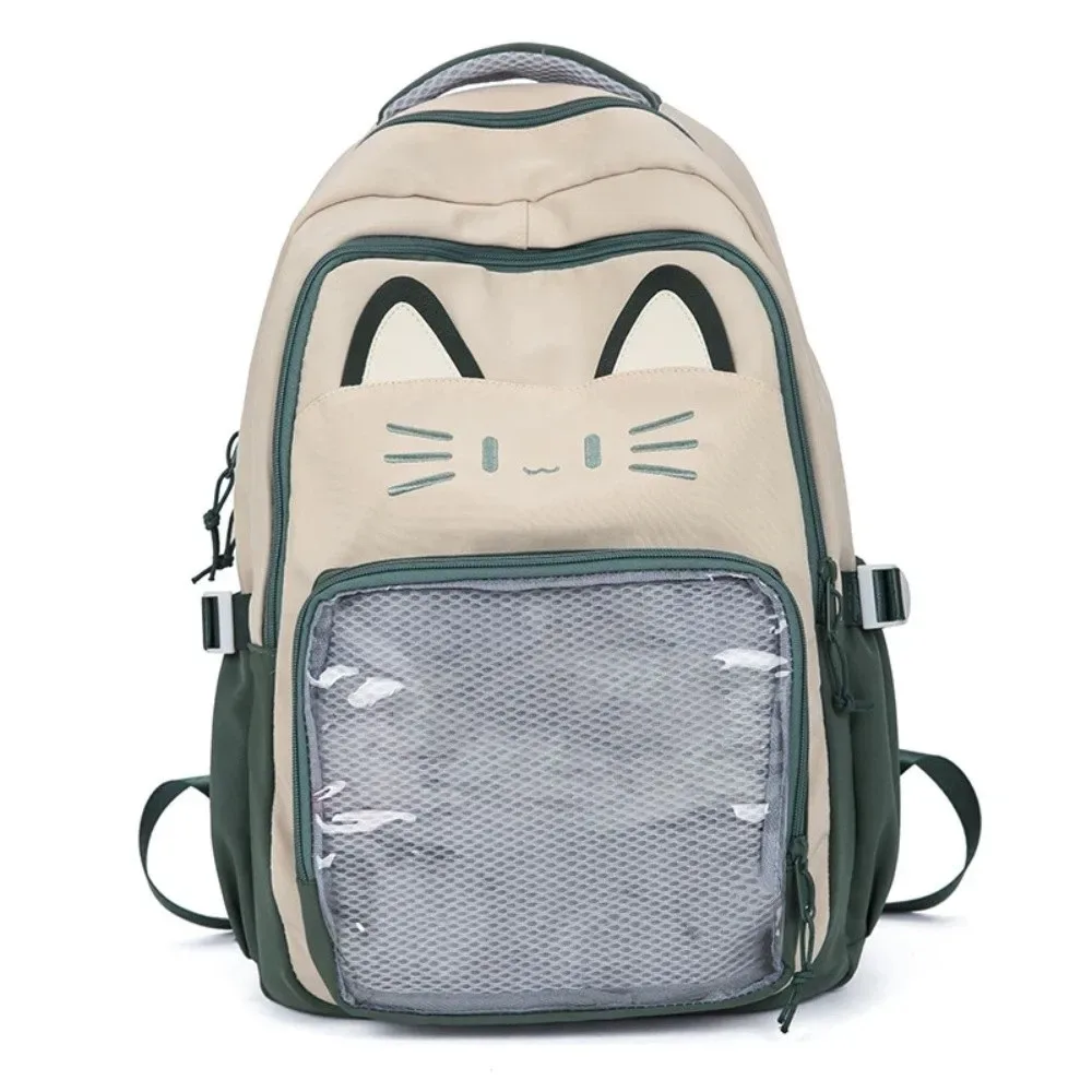 sac ita brodé tendance style preppy grande capacité poche transparente sac à dos étudiant chat mignon pour femme