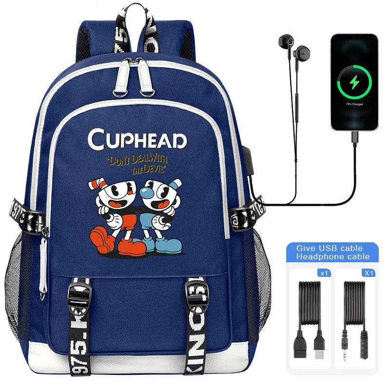 cuphead mugman sacs d'école pour adolescent usb charge sac à dos pour ordinateur portable garçons filles étudiant livre sac mochila sac de voyage