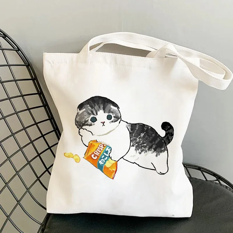 sac kawaii sac blanc sacs porté épaule sacs à provisions sacs à bandoulière en toile pour filles, sac de shopping à la mode, kawaii chats animaux mignons, sac de shopping, fourre-tout décontracté