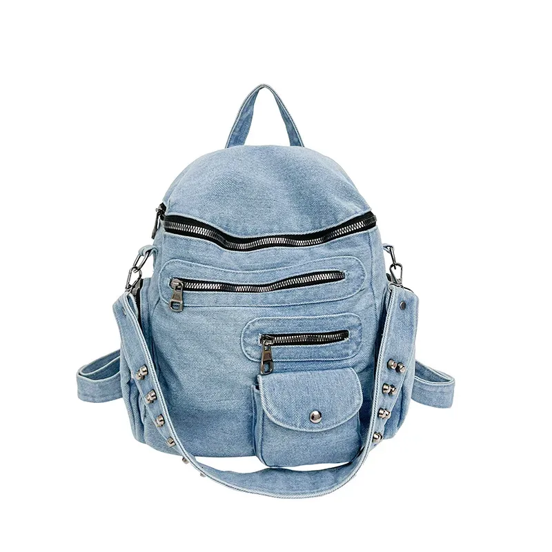 sac à dos décontracté en jean délavé à double bandoulière avec rivets, respirant, capacité 20-35l, idéal pour les cours, les trajets quotidiens et la rentrée scolaire