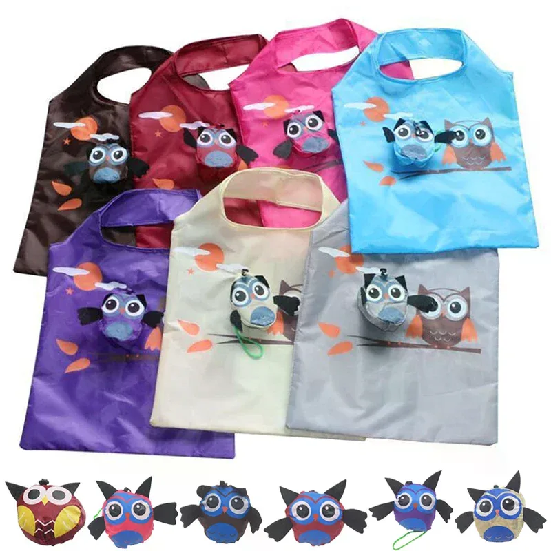 sac de courses pliable portable avec motif de hibou de dessin animé, sac fourre-tout de grande capacité, sac à main à bandoulière, pochette de voyage pour épicerie, 1/3 pièces