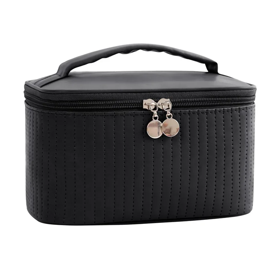 nouvelle trousse de maquillage portable de grande capacité en cuir pu de couleur unie pour femmes, sac de toilette de voyage, organisateur de cosmétiques