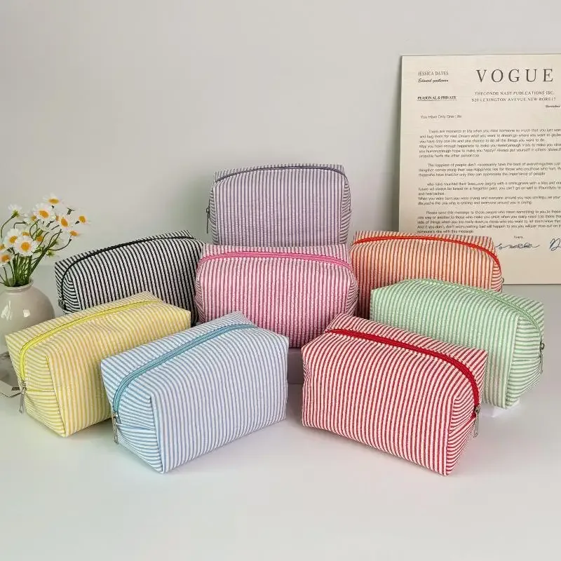 Sacs cosmétiques rayés tendance pour femmes, sacs de rangement pour maquillage, sacs de voyage avec fermeture éclair pour femmes