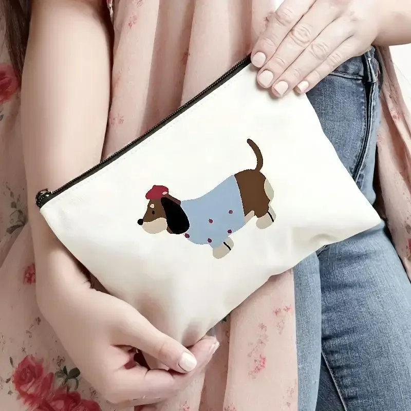 pochette zippée en toile avec citation « bonne nuit » et motif teckel rayé, sac à cosmétiques mignon avec imprimé chien de dessin animé pour les amoureux des chiens, trousse de toilette de voyage