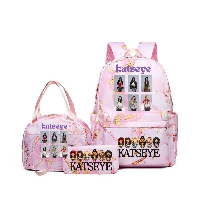 sacs à dos katseye à imprimé amusant avec sacs à lunch, multi-poches, camouflage, pour adolescents, sac à dos de voyage pour ordinateur portable, sac d'école pour femmes, mochila