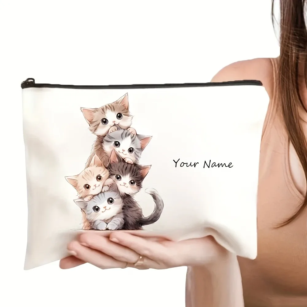 pochette de maquillage personnalisée en polyester avec motif de chat mignon - pochette cosmétique à fermeture éclair, étui de rangement pour articles de toilette portable et durable unisexe