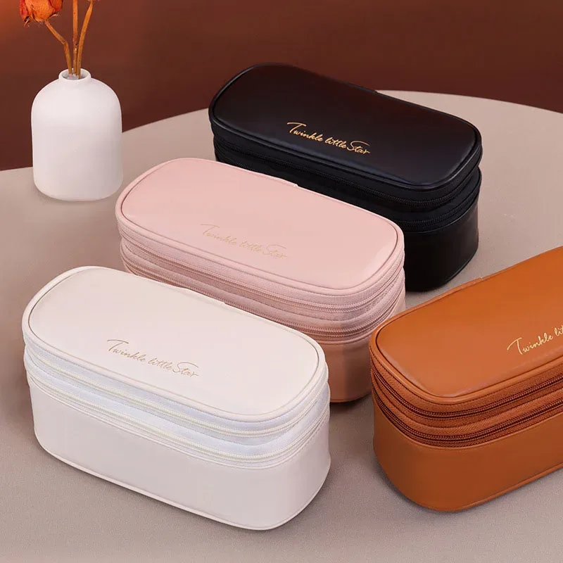 nouvelle trousse de maquillage grande capacité en cuir pu double couche, organisateur de cosmétiques de voyage, pochette de toilette pour essentiels de beauté femme