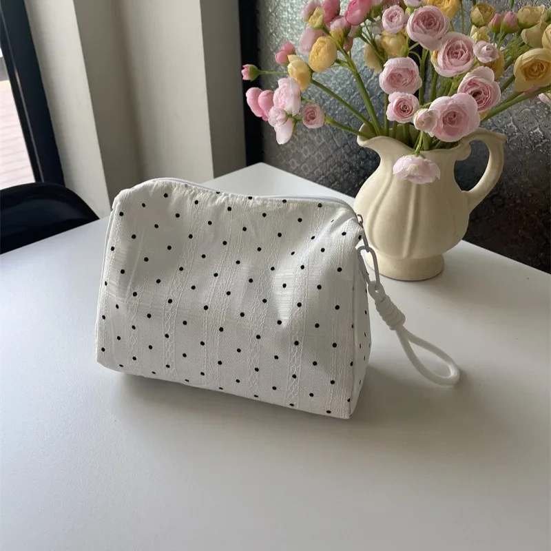 trousse de maquillage à points noirs pour femmes, pochette de rangement de cosmétiques, trousse de toilette de style doux