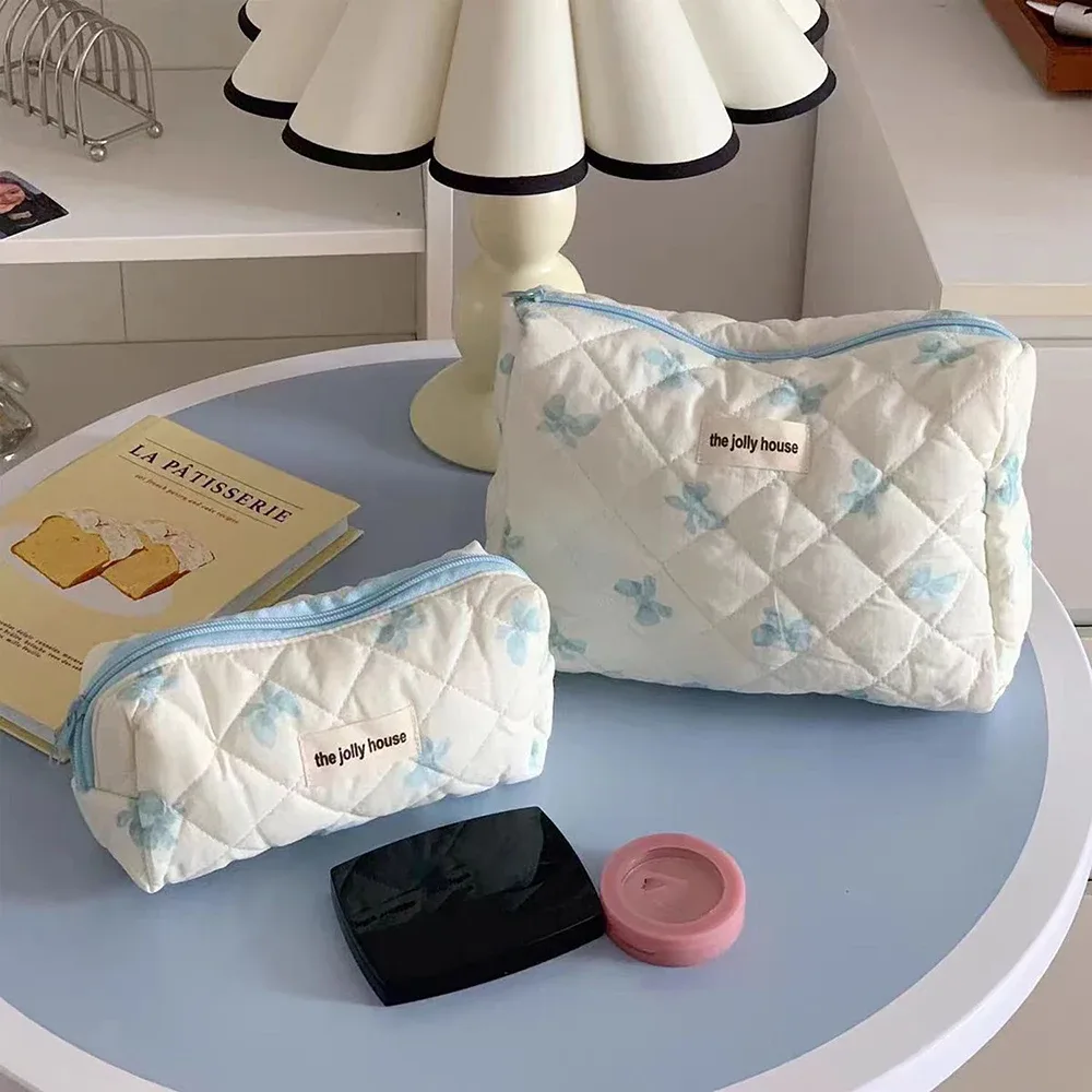 sac de rangement cosmétique en coton matelassé pour femme, nœud simple, sac à main d'évaluation de maquillage rouge à lèvres, sacs à fermeture éclair de grande capacité, mignon, nouveau