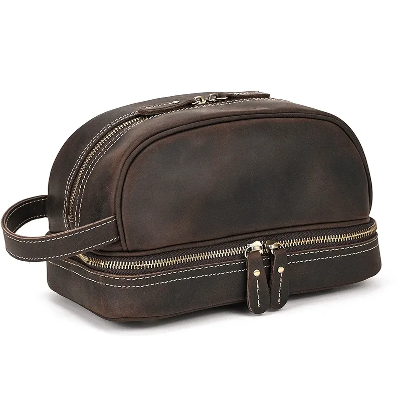 petit sac de voyage de bonne qualité, portefeuille de voyage en cuir crazy horse, sac de rangement, sac de maquillage de lavage pour trousse de toilette de voyage
