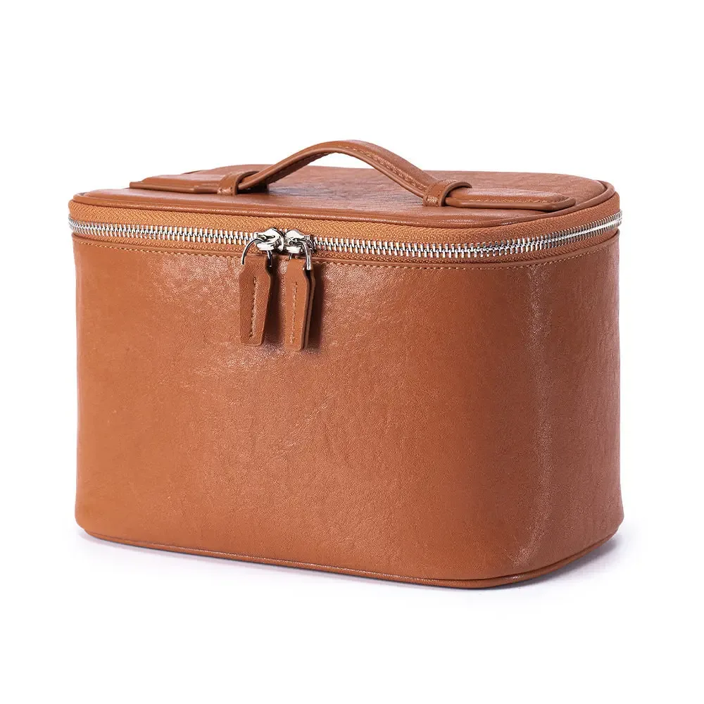 sac à cosmétiques de luxe haut de gamme en cuir de vachette de qualité supérieure, sac de rangement compartimenté de grande capacité, trousse de toilette portable pour femme