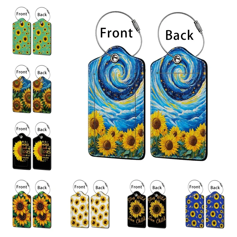 étiquette de bagage d'affaires en cuir estampillé tournesol, étiquette d'adresse de valise, étui d'embarquemen