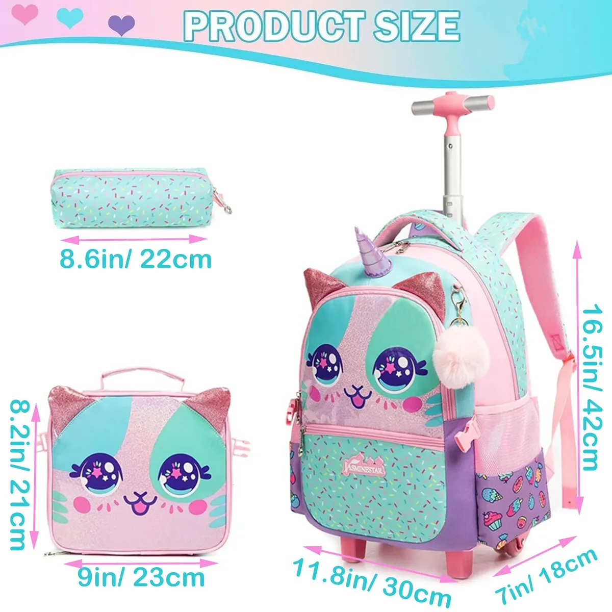 interrupteur sac à dos à roulettes pour filles, sacs à dos à roulettes pour élèves du primaire, bagages de voyage 3 en 1, valise à main, 3 pièces