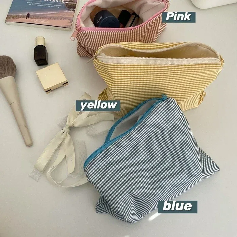 trousse de maquillage de voyage, pochette simple portable, sac à cosmétiques pour femmes, trousse de maquillage à carreaux, grande capacité, pochette en coton à fermeture éclair