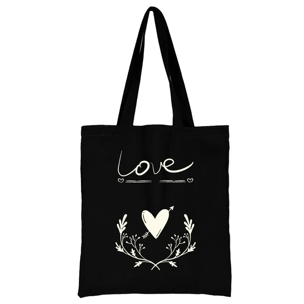 sac de shopping en toile noire pour femmes, fourre-tout décontracté réutilisable, sac à bandoulière à motif blanc imprimé, sac à main pliable de grande capacité