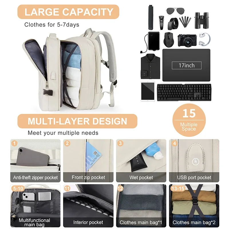 sac à dos de voyage pour ordinateur portable, sac à dos de transport extensible extra large de 25 à 40 l pour femmes et hommes, sacs à dos pour ordinateur portable résistants à l'eau