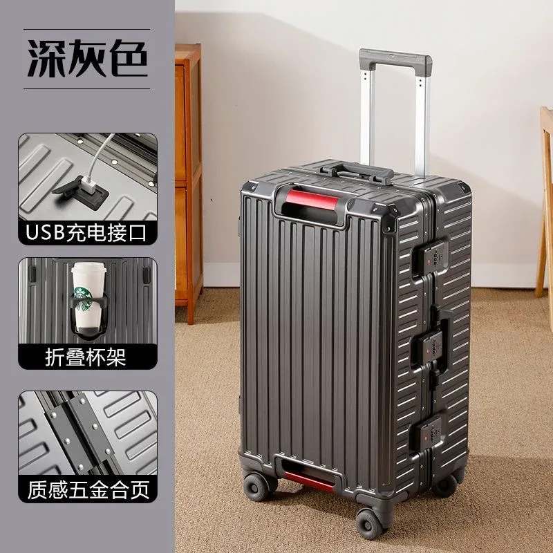 valise de voyage grande taille avec cadre en aluminium, bagage à roulettes avec porte-gobelet et serrure à combinaison