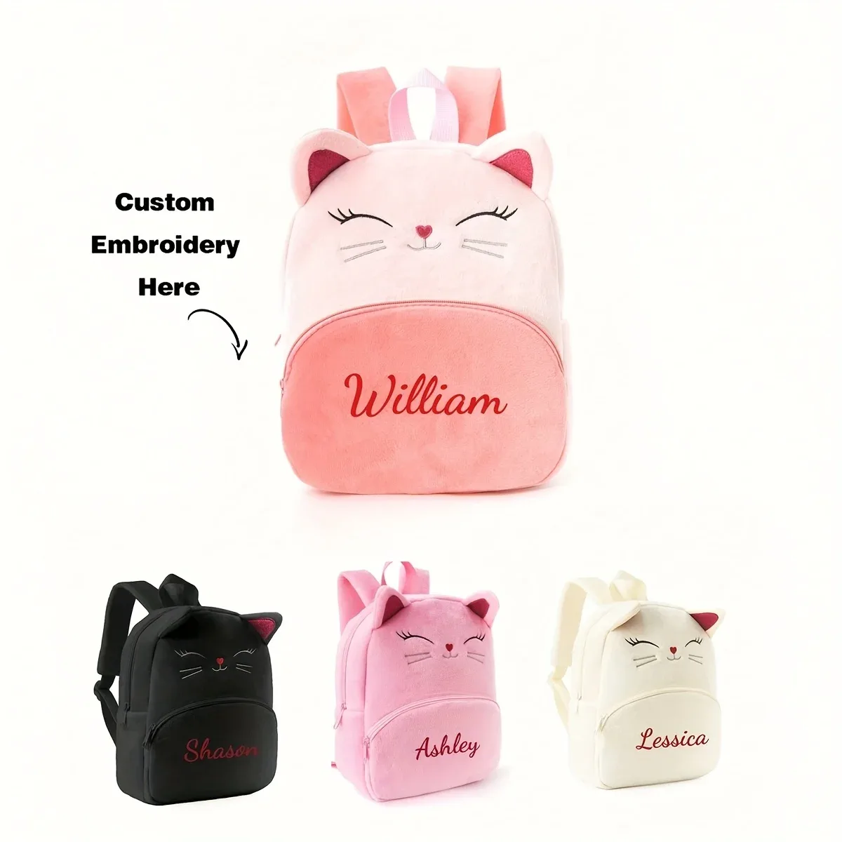 Sac à dos personnalisé avec nom de chat de dessin animé pour fille, texte brodé, sac à dos de loisirs de voyage en plein air, sac pour femme, cadeau de rentrée scolaire