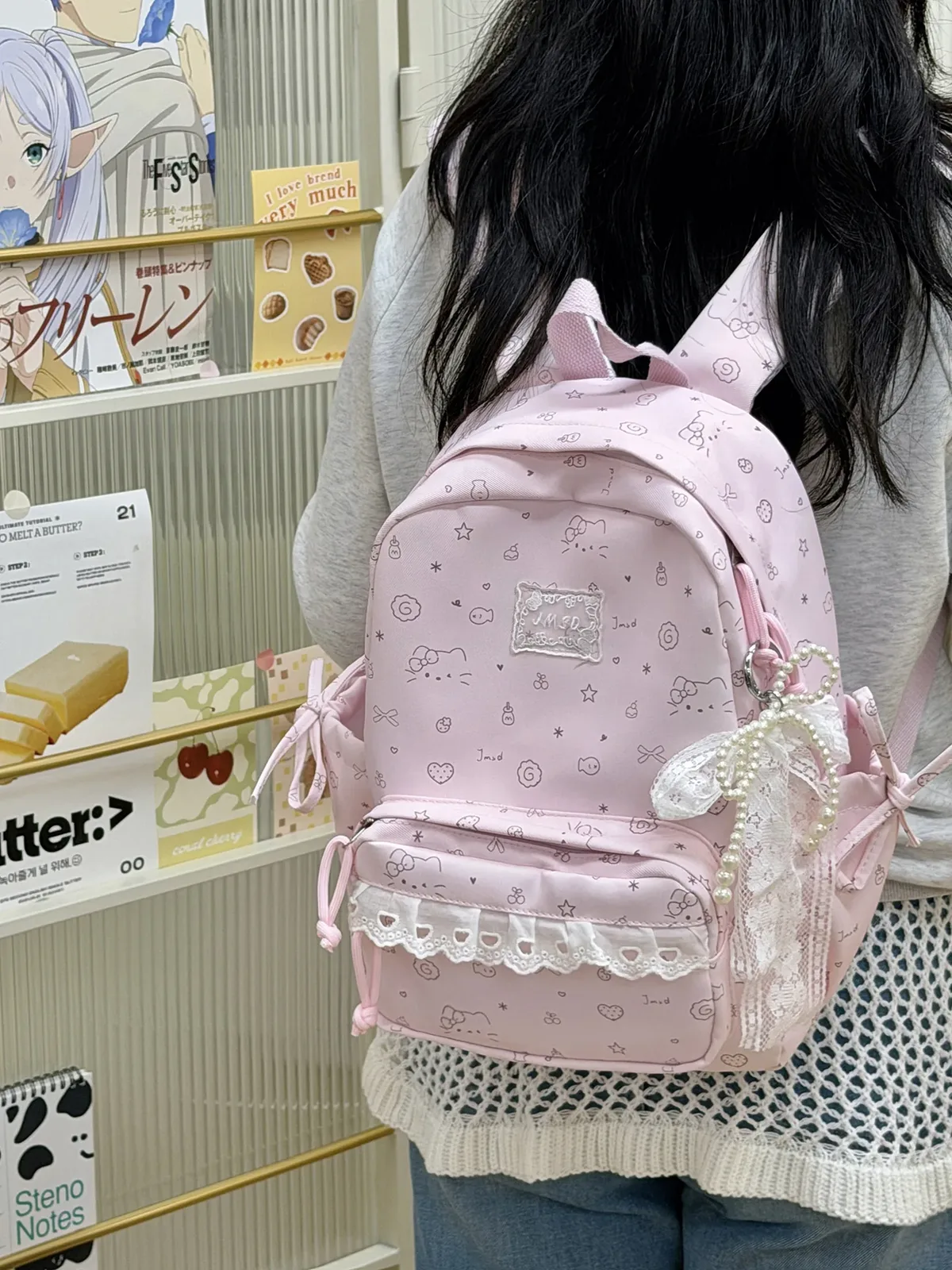 sacs à dos en dentelle pour femmes, 2 tailles, avec pendentifs perlés, sacs d'école imprimés de dessins animés mignons, mini sac à dos de voyage pour dames
