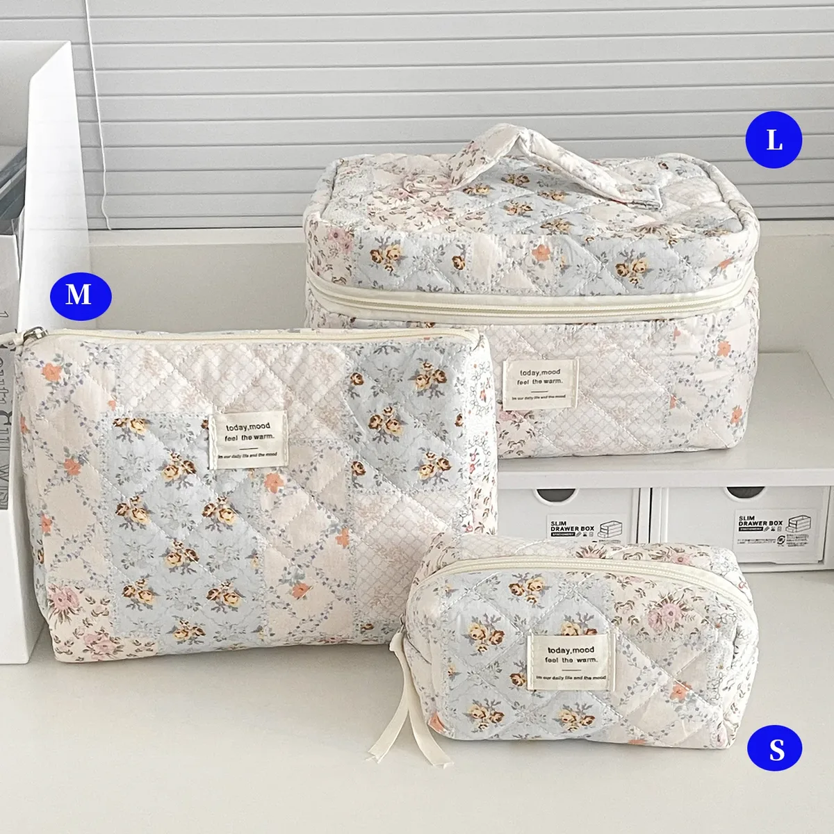 ensemble de trousses de toilette matelassées à fleurs style yt ins, en coton, pour organiser les cosmétiques, sacs de voyage pour articles de toilette, comme cadeau pour filles