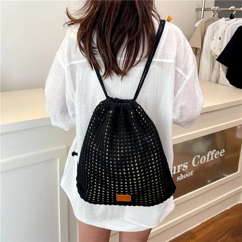 sac à cordon tissé tendance, grande capacité, design ajouré, sac à dos pratique pour les trajets quotidiens et le shopping