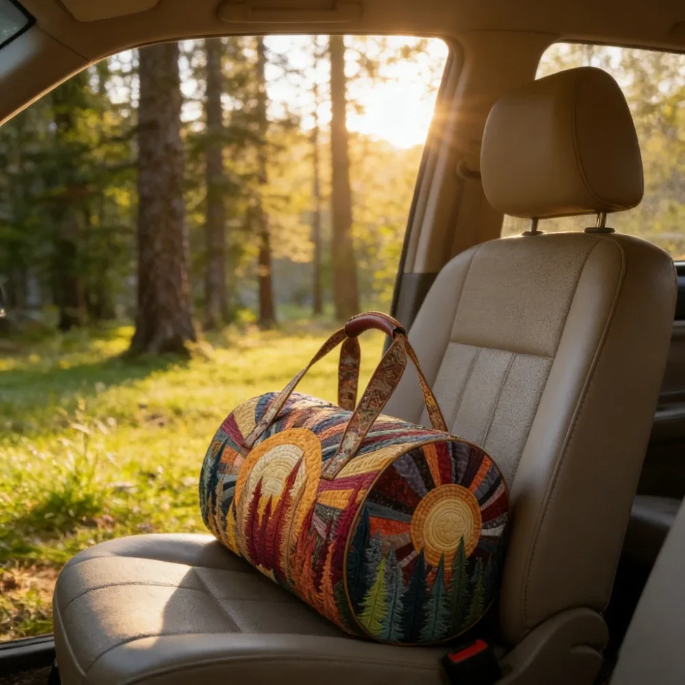 sac de voyage sun and mountain forest, artisanat de quilting fait main, unisexe, vintage, bohème, sac fourre-tout pour le week-end, camping, voyage en voiture, aventures en plein air