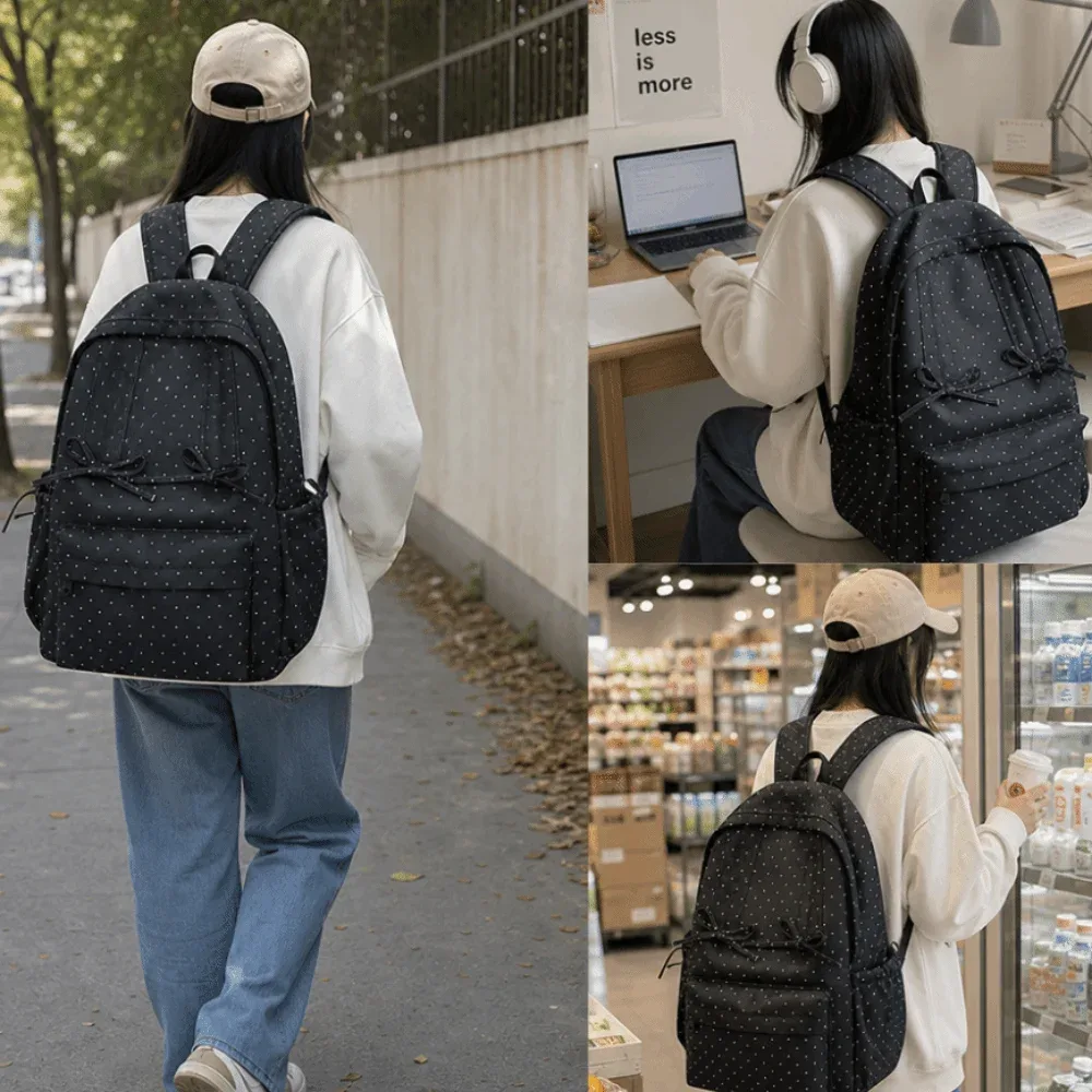 sac à dos tendance à pois grande capacité avec nœud, design minimaliste, durable, léger, pour étudiants et trajets quotidiens
