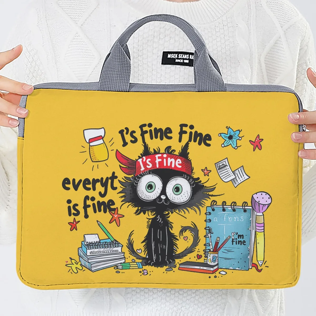 ensemble unique, deux styles, sacoche pour ordinateur portable et porte-documents à motif de chat noir, adapté aux ordinateurs portables de 14 pouces.
