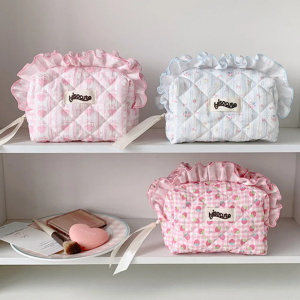 sac de rangement pour cosmétiques matelassé avec nœud et volants, grande capacité, en polyester et coton, organiseurs de maquillage pour femmes et filles, idéal pour les voyages