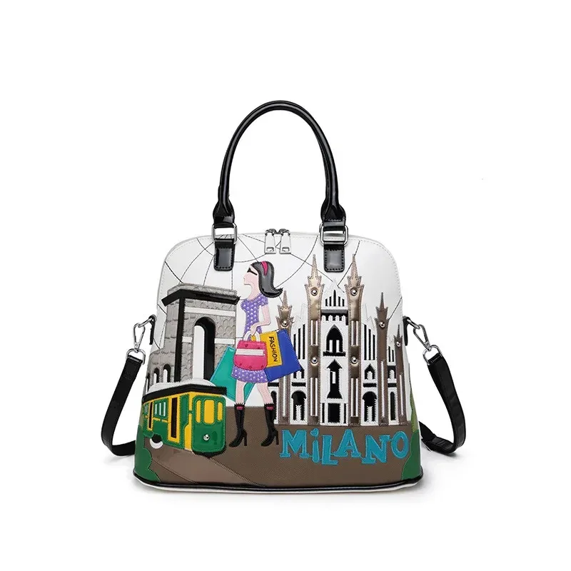 sac à dos en cuir avec broderie patchwork pour femme, cartable preppy, sac d'étudiant, sac de voyage, fourre-tout, style braccialini, dessin animé milan