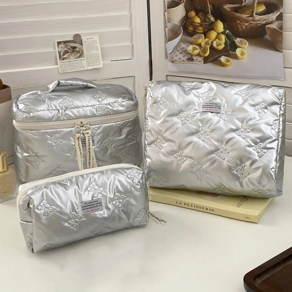 sac à cosmétiques en matériau pu, avec décoration en nœud, compartiment de rangement, trousse de toilette, sac à main multifonction à fermeture éclair, sac à maquillage, essentiel pour les voyages