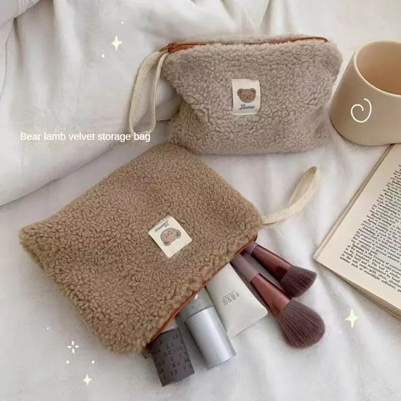 sac de rangement en peluche de grande capacité pour cosmétiques et rouges à lèvres pour femmes, trousse de maquillage, sacs à main mignons, portefeuille de voyage, trousse à crayons, trousse à poudres